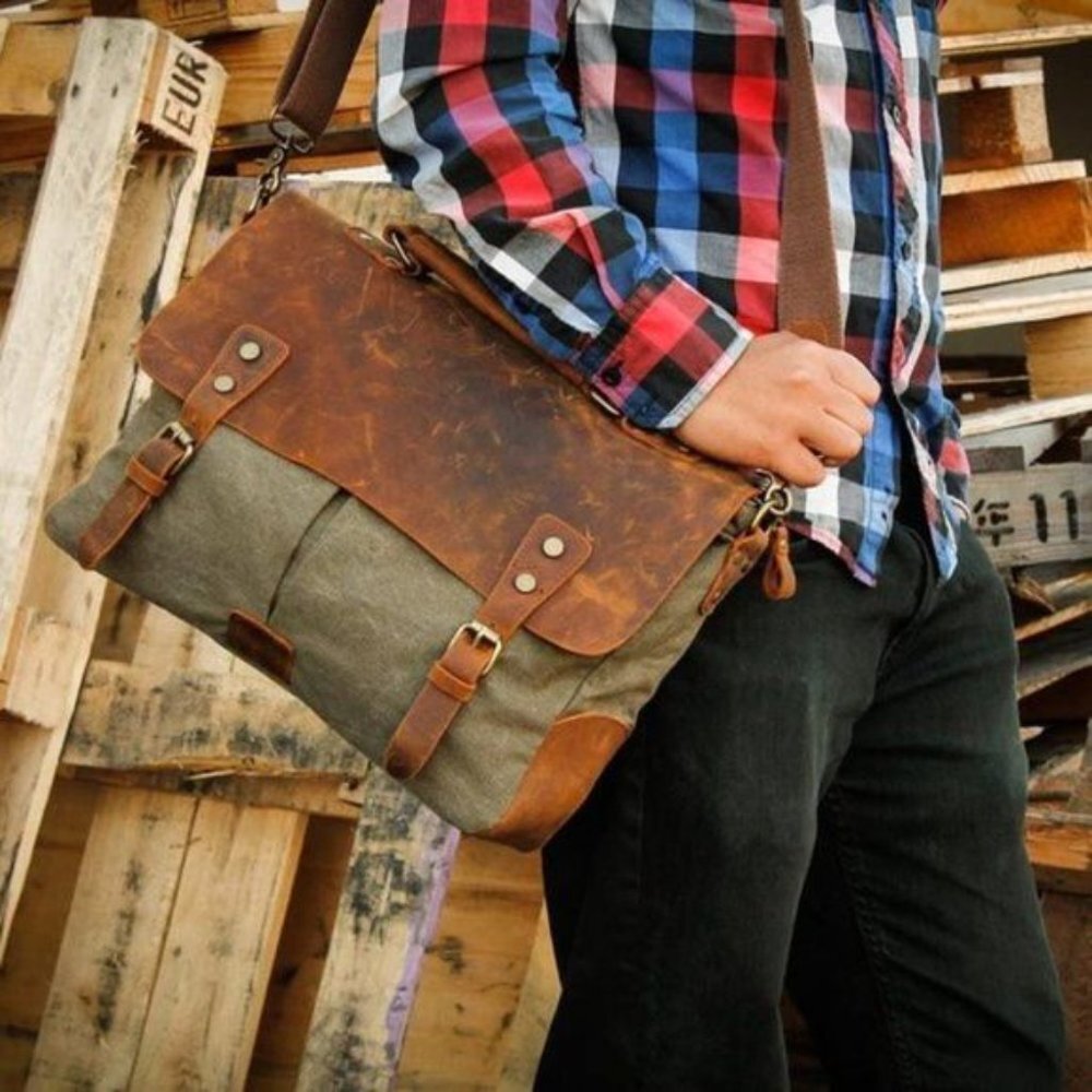 NEW Genuine Leather Canvas Messenger Bag Green​ - Picture 5 of 10